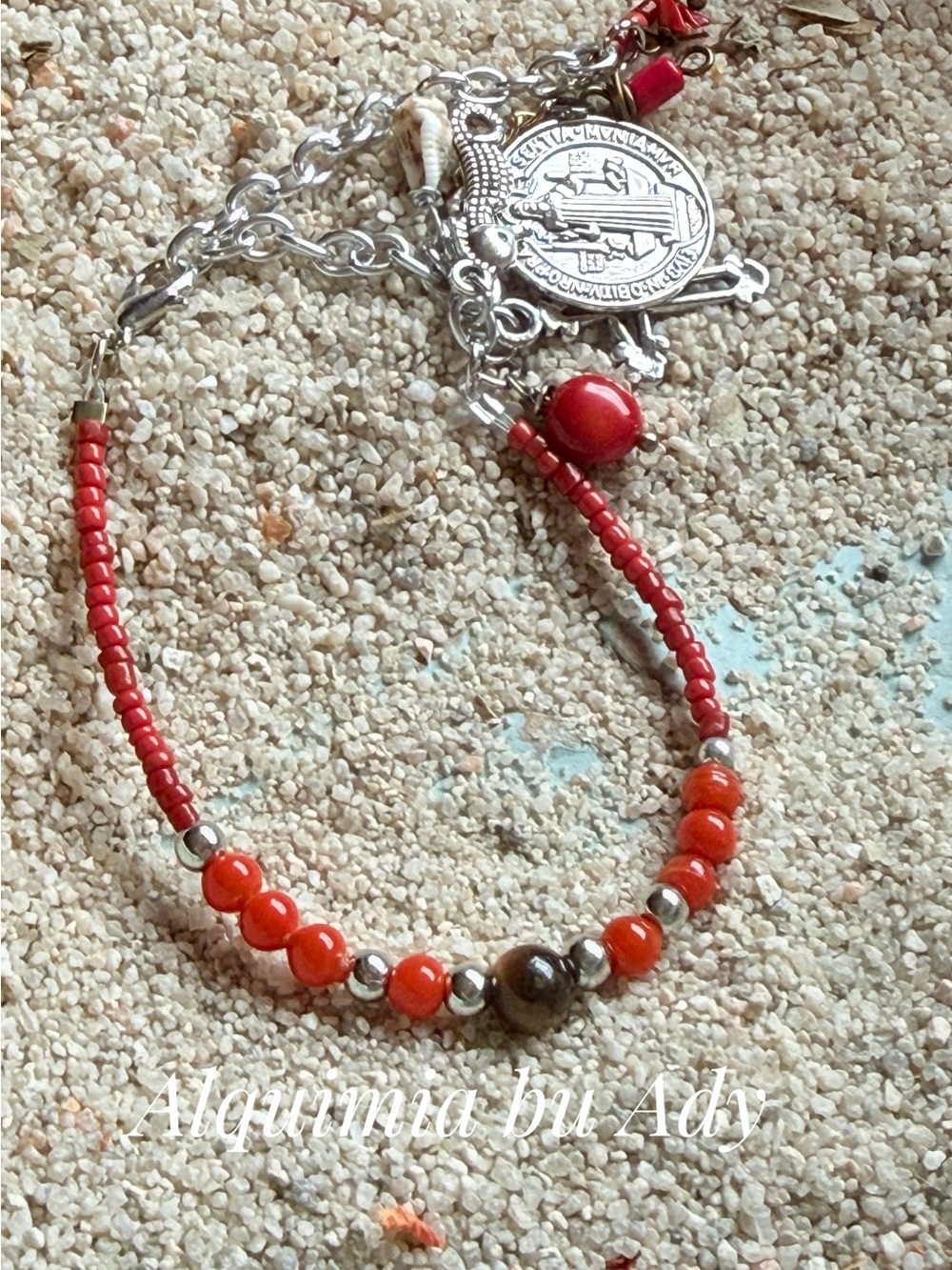 Coral and Tiger’s eye Red and Orange Beaded Bracelet with Silver Accents